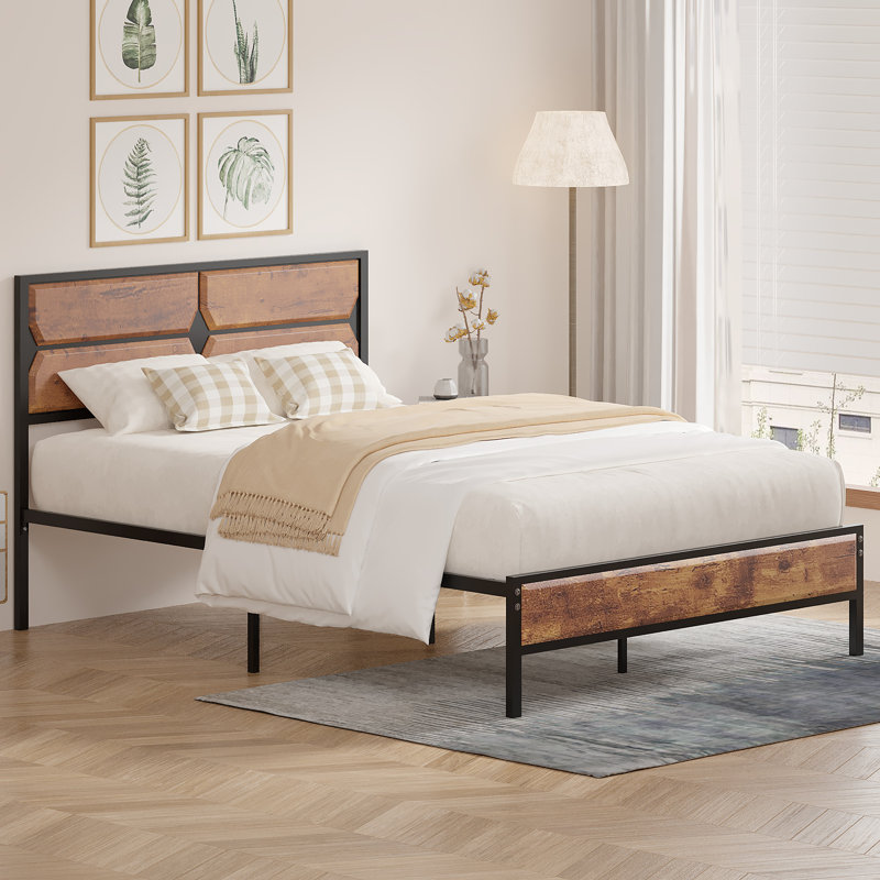 Platform Single/Double Size Bed Frame with Rustic Wood Headboard and Footboard, wood beds with Strong Metal Slats Support, No Box Spring Needed