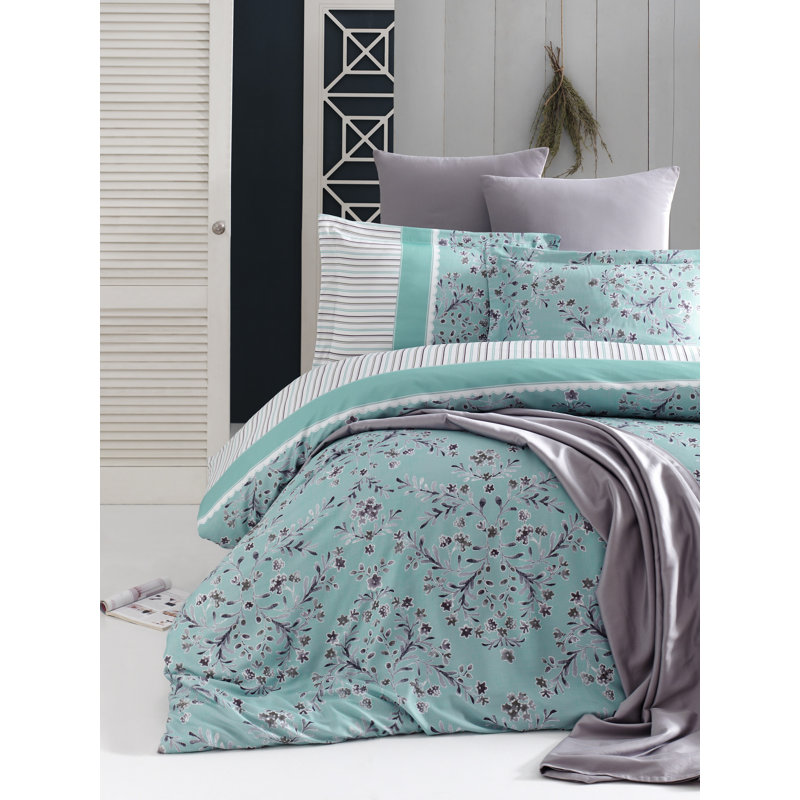 Ensemble de housse de couette réversible 100% coton Jacobo blanc / bleu / beige 3 pièces
