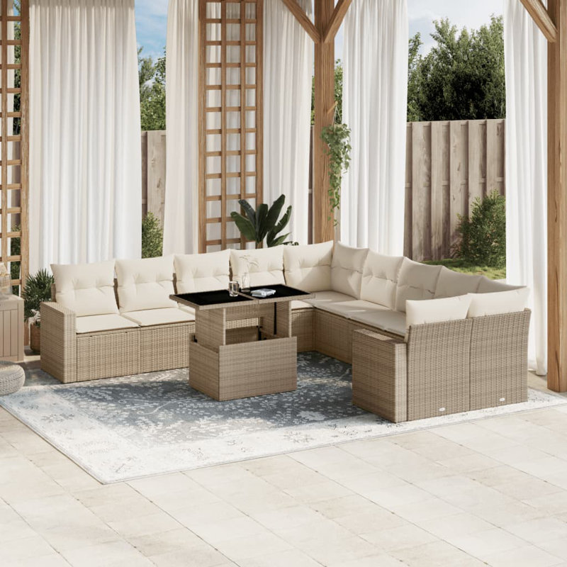 Ensemble de canapé de jardin en rotin PE beige, acier thermolaqué Vidaxl, verre trempé