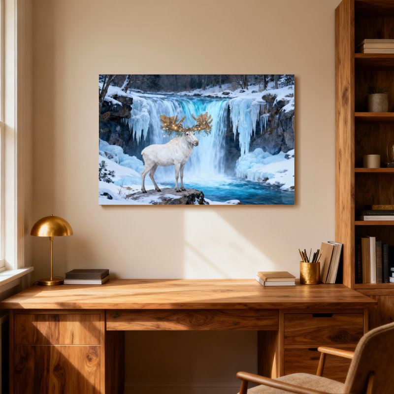 Noël, orignal blanc, hiver, cascade, glaçons, neige, paysage, H 20 po x l 30 po
