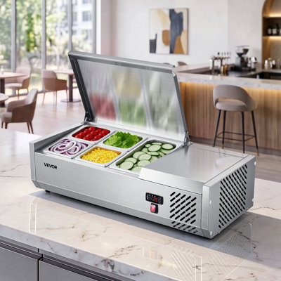 Refrigerated Countertop Prep Unit Condiment Prep Station 14 QT ETL, for Commercial Restaurant Salad Bar, 160W, with 1 x 1/3 & 4 x 1/6 Pans, Auto Defrost, Temp Control, Stainless Steel Cover