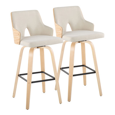 Tabouret de bar 30 po contemporain à hauteur fixe avec pivot en bois naturel, tissu crème et repose-pieds carré en métal noir - ensemble de 2