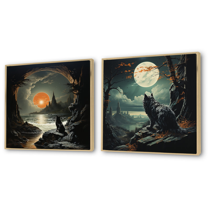 Loup hurlant à la lune I - animaux loup, ensemble de 2 reproductions d'art sur toile, Cadre flottant brun