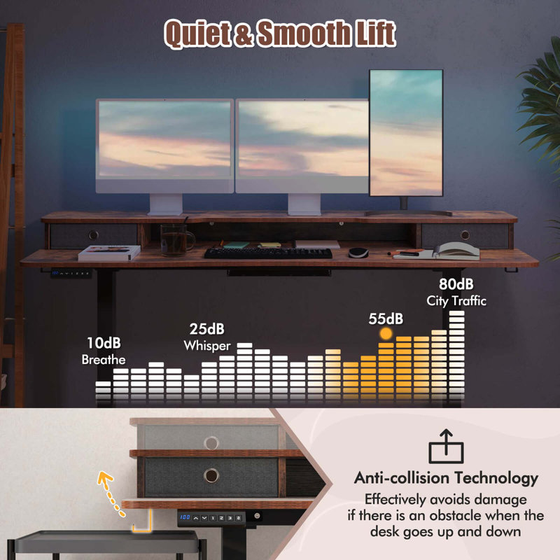 63" x 24" Electric Standing Desk with 2 Drawers Monitor Stand Storage Shelf, Brown/Black,  29" H x 63" W x 24" D