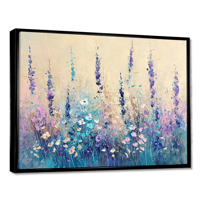 Fleurs mauves et bleues en fleurs - Art mural fleurs sauvages, Toile avec cadre flottant noir, H 30 po x l 40 po x P 1,5 po