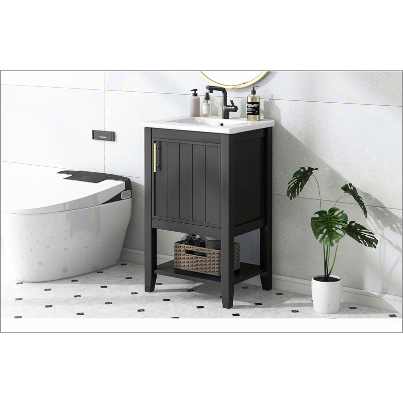 Meuble-lavabo de 20 po avec lavabo, armoire de salle de bain avec porte à fermeture douce, support de rangement et tablette ouverte, noir