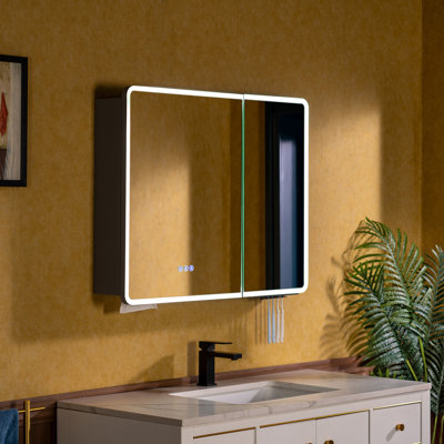 Pharmacie à DEL avec miroir anti-buée, stérilisateur à brosse à dents UV, prises de courant intégrées, rangement intelligent et éclairage réglable