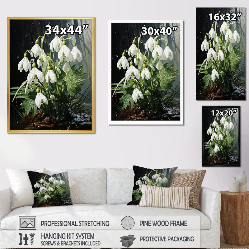 «Realistic Snowdrops Forest Chills II - Snowdrops», art mural sur toile, Cadre flottant noir, H 44 po x l 34 po