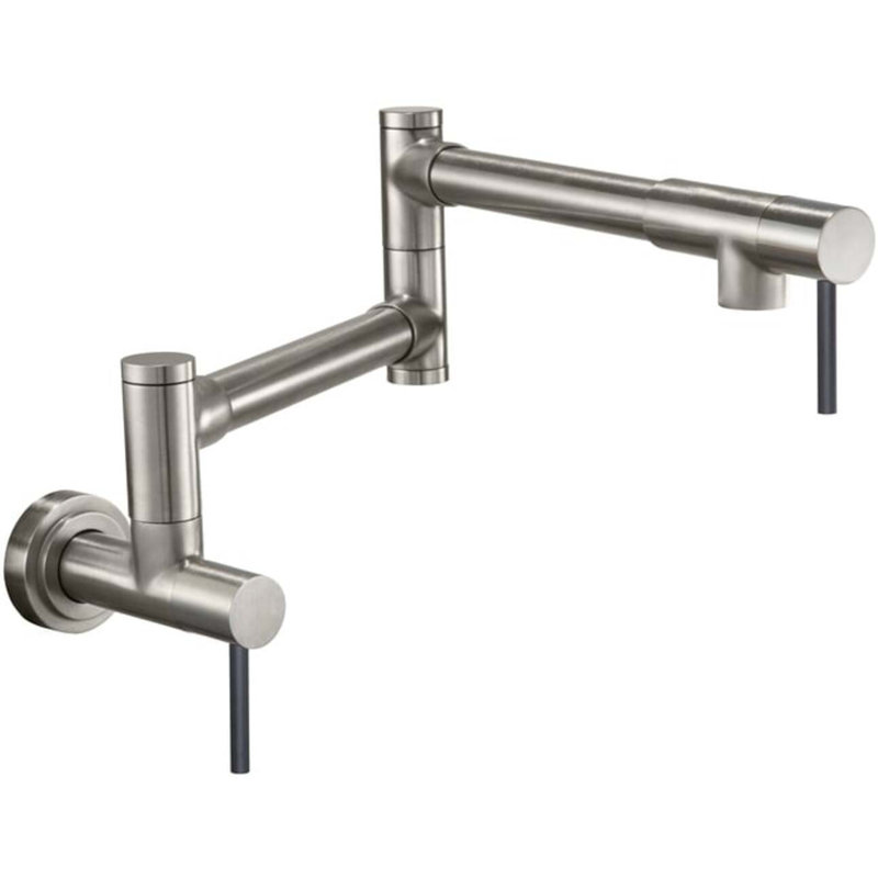 Pot Filler - Dual Handle Wall Mount - Contemporary, Black Stick Lever Handle, Satin Nickel