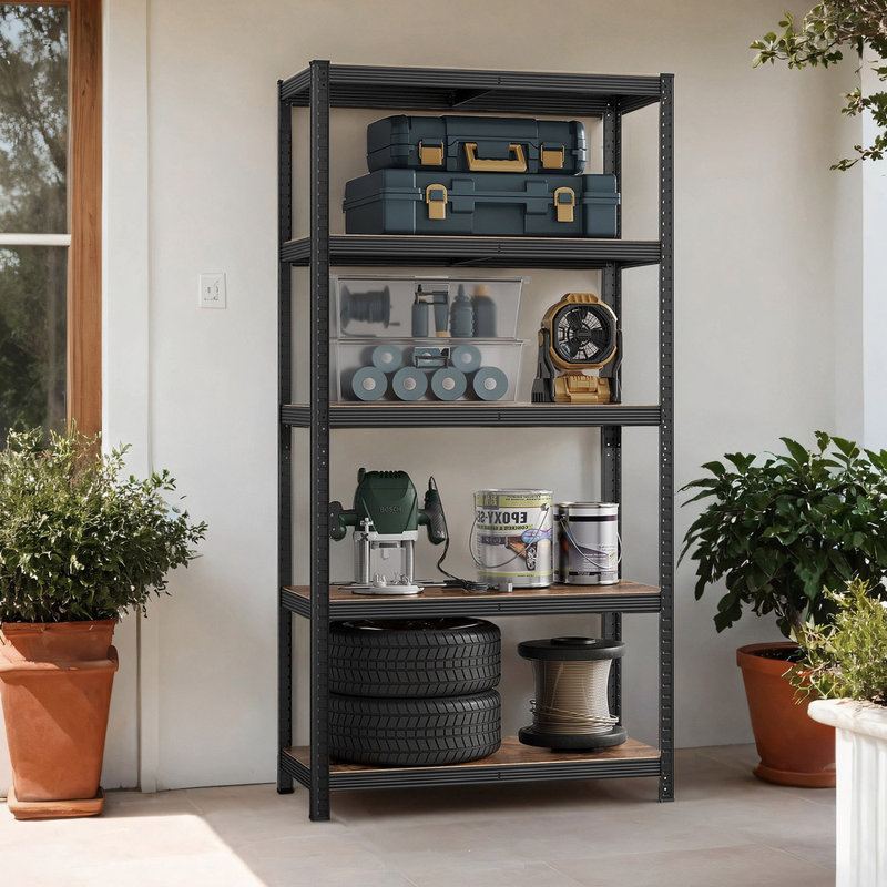 Kris Metal Height -Adjustable Shelving Unit, Black/Rustic Brown, 200cm H x 120cm W x 60cm D