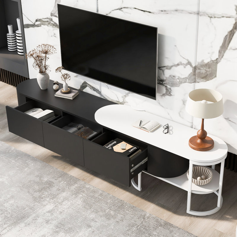 Modern Extendable TV Stand with 3 Drawers, Black/White