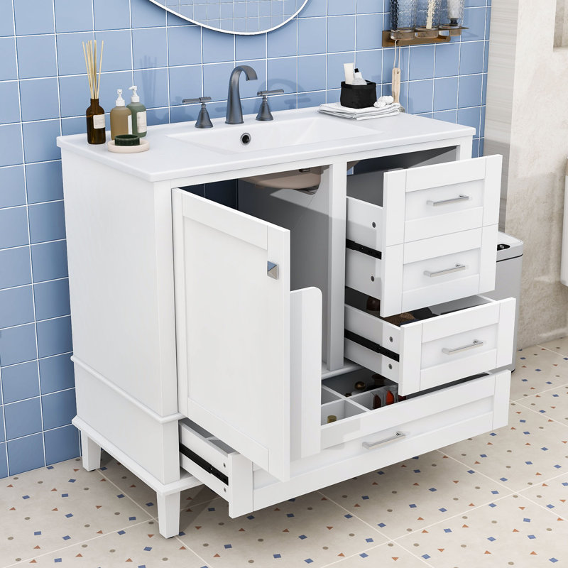 Bathroom Vanity with Soft-Close Doors, Overflow Basin and Versatile Storage, White/Silver