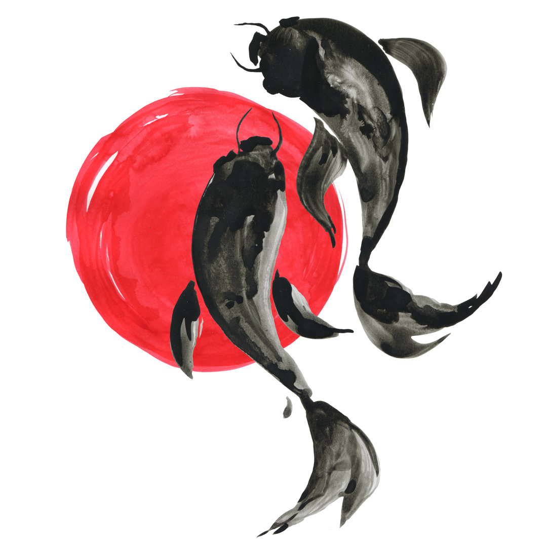 Koi Fishes and Red Sun in Japanese Style. Illustration by Katyau - Wrapped Canvas Painting Highland Dunes 