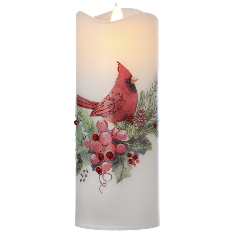 8" Cardinal W/Berries Faux Candle Set of 2