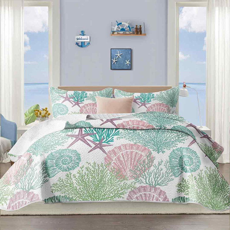 King Size Pink Reversible Microfiber Coastal Quilt Set