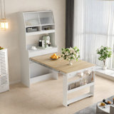 Buffet With Hutch And Foldable Dining Table, Storage Shelves, Side Hooks And A Cabinet With Sliding Doors