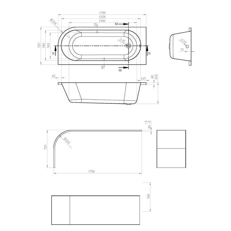 Crescent 1700mm x 725mm Soaking Acrylic Bathtub, Right