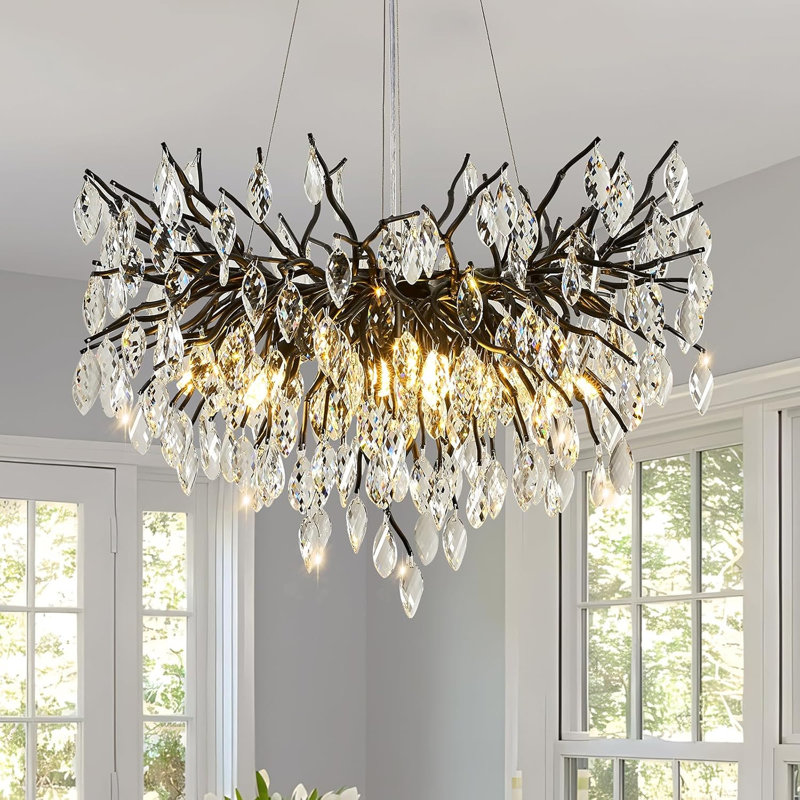 Lustre en cristal Glam, H 17,71 po x l 23,62 po x P 23,62 po, Noir, 8 lumières