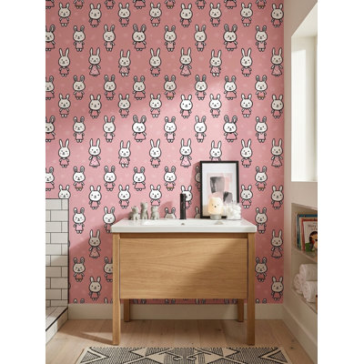 Papier peint de lapin mignon, fond rose, fresque murale kawaii