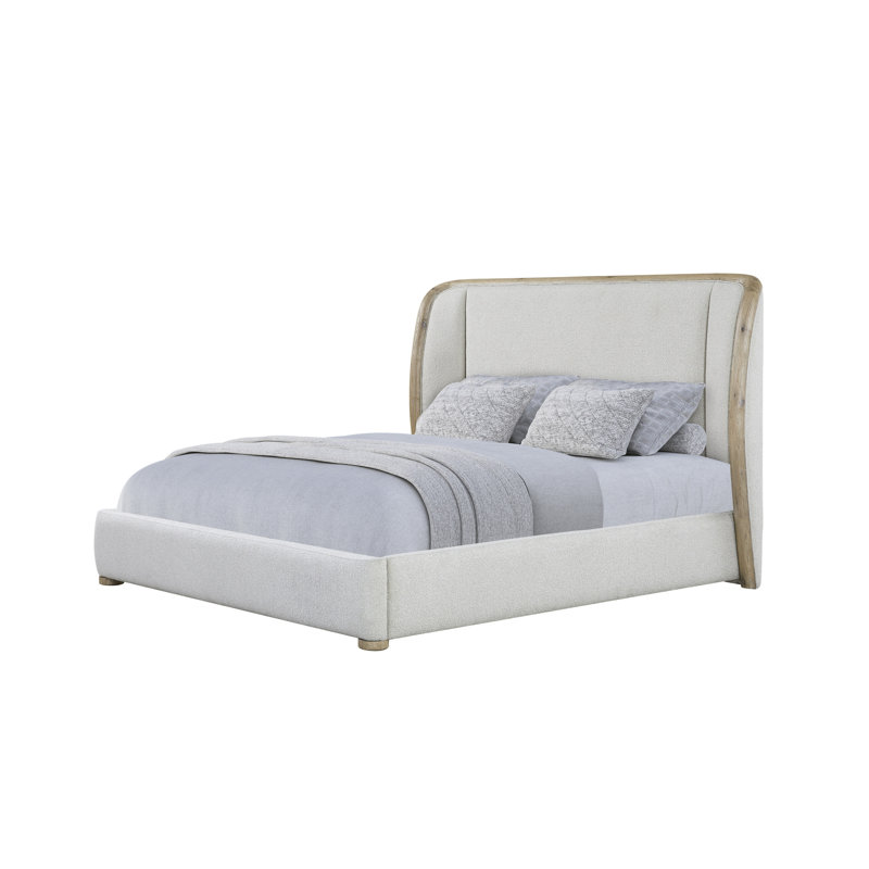 Très grand lit tapissier beige avec structure en chêne noueux anglais, doux et rembourré, bords arrondis, profondeur de 99 po, largeur de 91 po, hauteur de 56 po pour une conception de chambre à coucher moderne. Durabilité, transitionnel