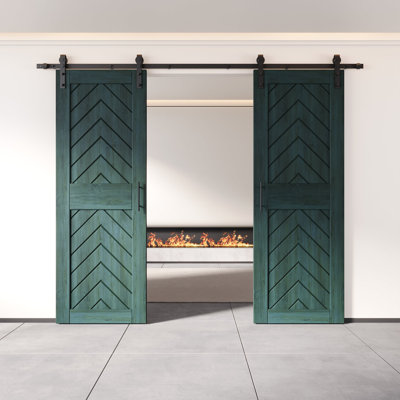 Homacer Royal Pine 30 po x 84 po fini et non assemblé 4-en-1 Fishbone deux portes de grange avec quincaillerie d'installation sans dérivation, rail de 11 pi, utilisation intérieure seulement
