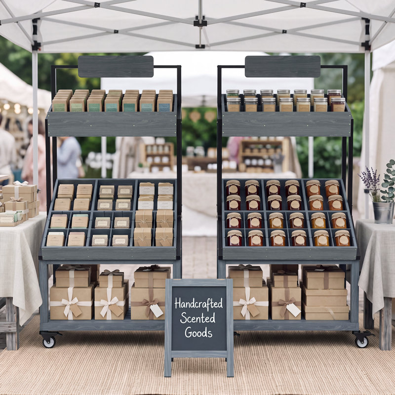 Rolling Vendor Display Stand for Pop Up Shops with Adjustable Dividers for Crafts, Gifts, Snacks and Small Goods