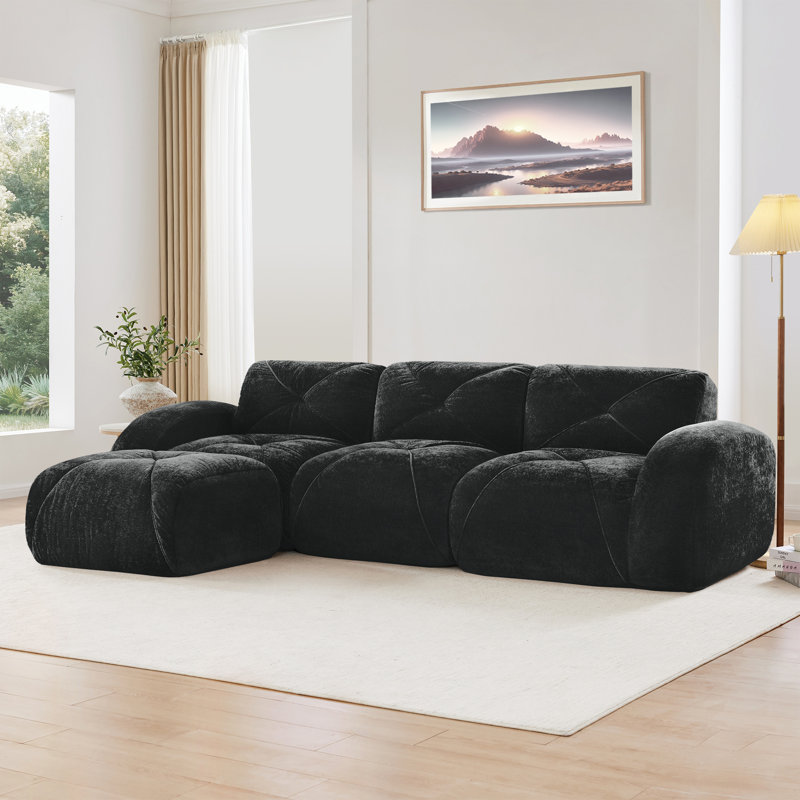 Canapé à compression, canapé en L, canapé en tissu de velours, pour le salon, H 29,9 po x l 110,6 po x P 67,3 po, 3, Noir