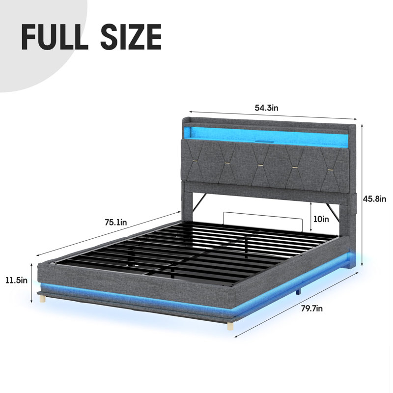 Lift Up Storage Bed Frame With Charging Station, Gray, Full