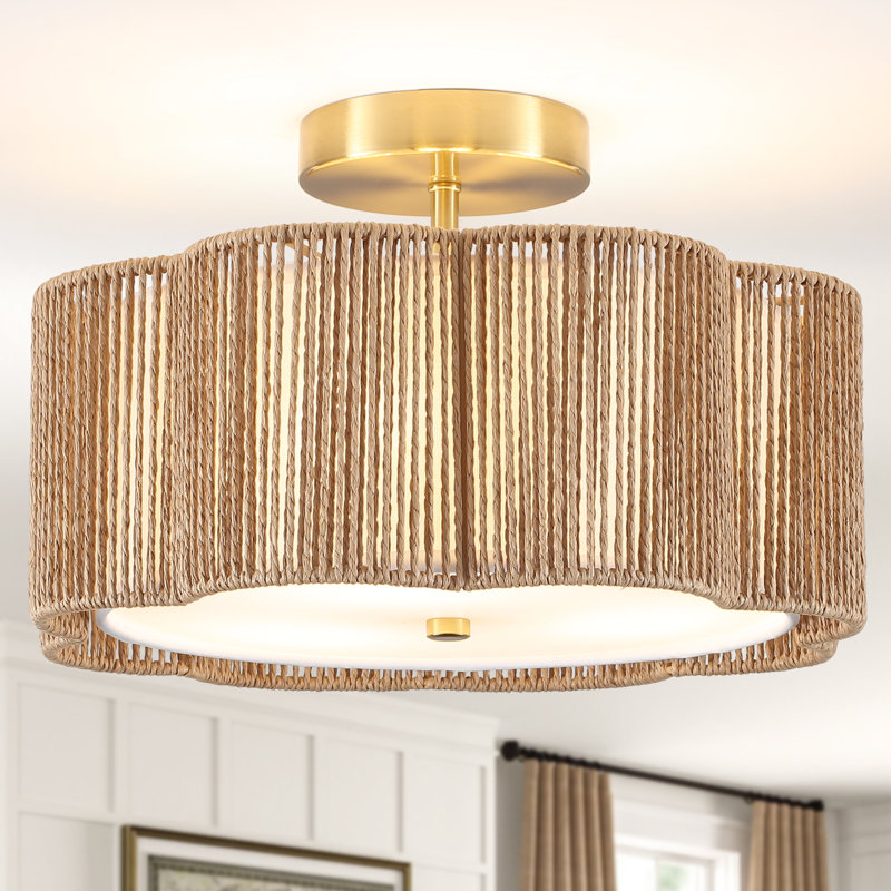 Plafonnier semi-encastré 3 lumières 12,6 po Boho Rattan, Doré, Brun