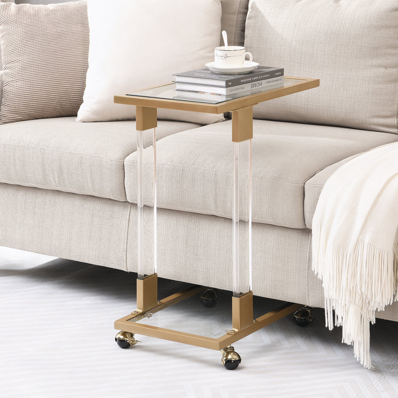 Acrylic Sofa Table, Glass Top C Shape Square Table with Metal Base