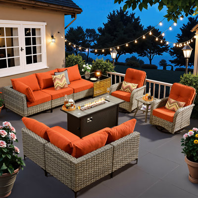 Sorella 11-Piece PE Wicker Outdoor Patio Furniture Set with 54" Propane Fire Pit Table & Solar-Powered Lighting