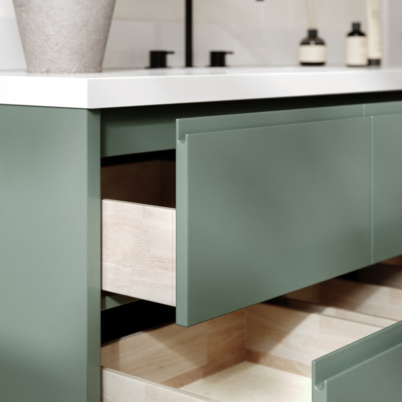   Setsuko 61 Inch Wall-Mounted Single Oval Sink Bathroom Vanity with Pure White Quartz Countertop 1.5 Inch in Vintage Green