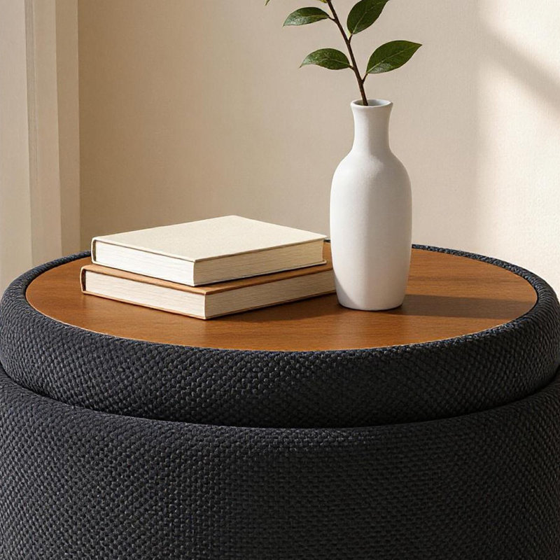 Table basse avec repose-pieds capitonné rond de 25 pouces avec rangement, table basse moderne avec rangement et couvercle amovible