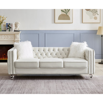 83" Velvet Square Arm Sofa, Upholstered Loveseat Sofa Couch with 2 Throw Pillows, Acrylic Crystal Legs, Cushion Seat Sofa