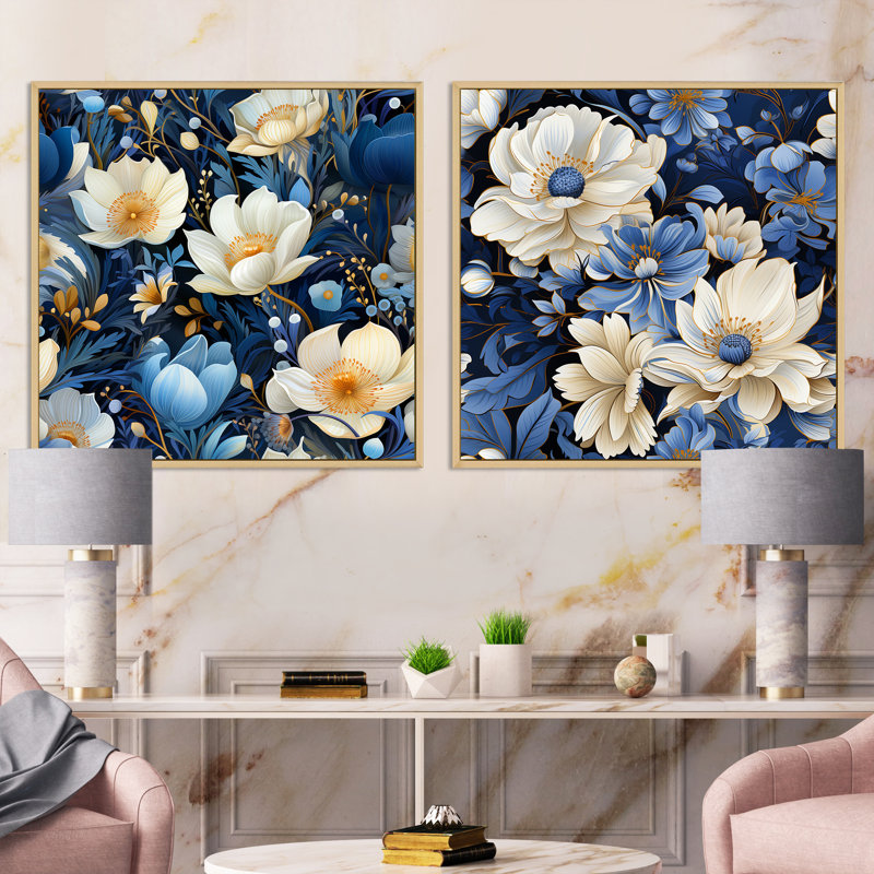 Franck - Ensemble de 2 collages floraux carrés, H 16 po x l 33 po, Cadre flottant brun