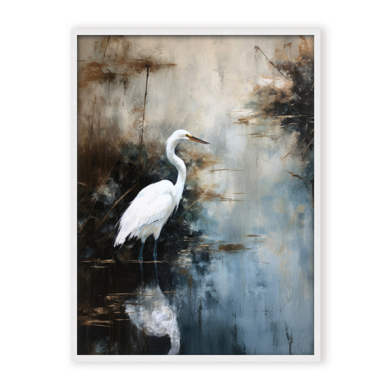 Nature Inspired Egret In Lake, 40" H x 30" W x 2.375" D, Black, Framed Canvas