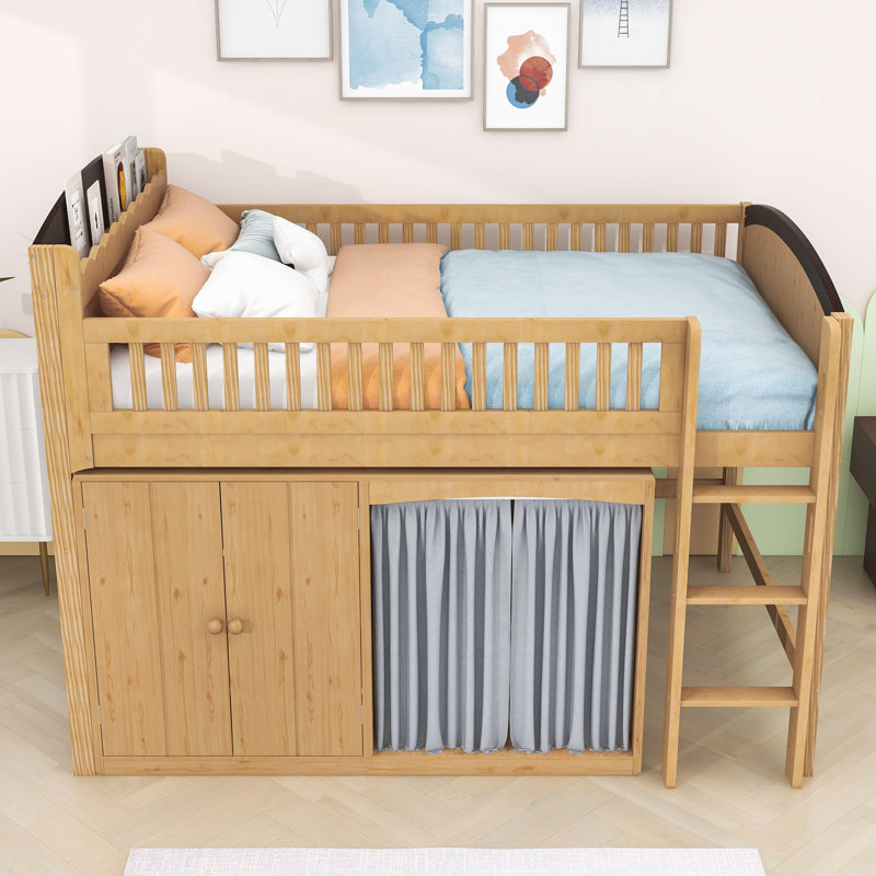 Lit mezzanine en bois avec garde-robe et tête de lit à DEL, Lit double, Bois