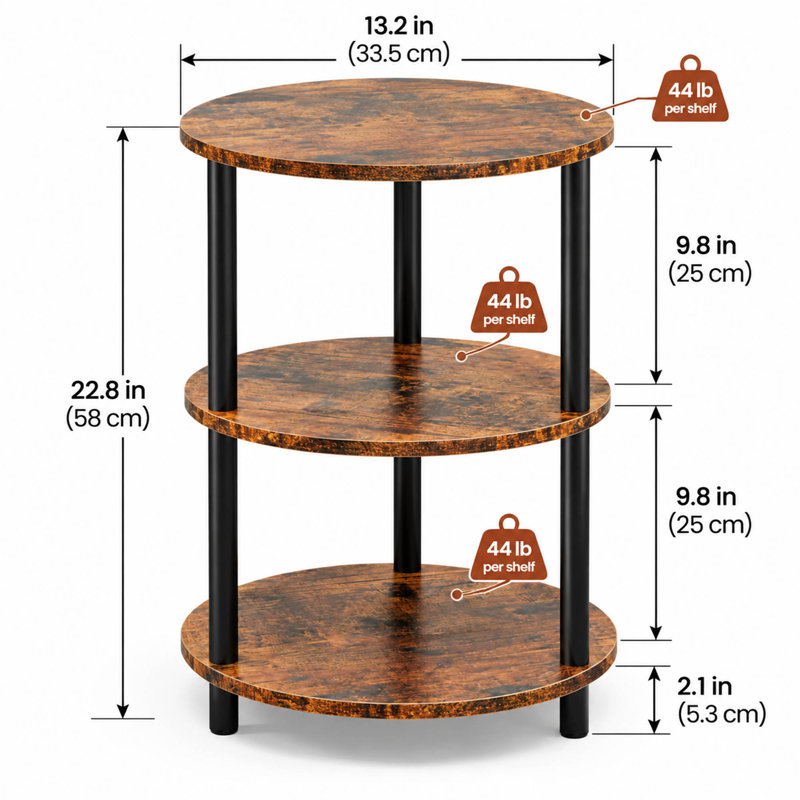 Table d'appoint ronde à 3 niveaux avec tablettes ouvertes et pieds en acier, brun rustique