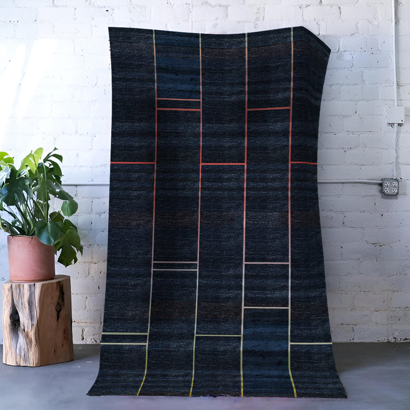 Navy Stripe Pavement Patterned Modern Decorative Rug, Runner 3'3.37" x 6'6.74"