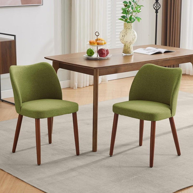 Upholstered Dining Chair with Wood Legs, Wing Backrest, Wooden Kitchen Chair with Thick Cushions, Green