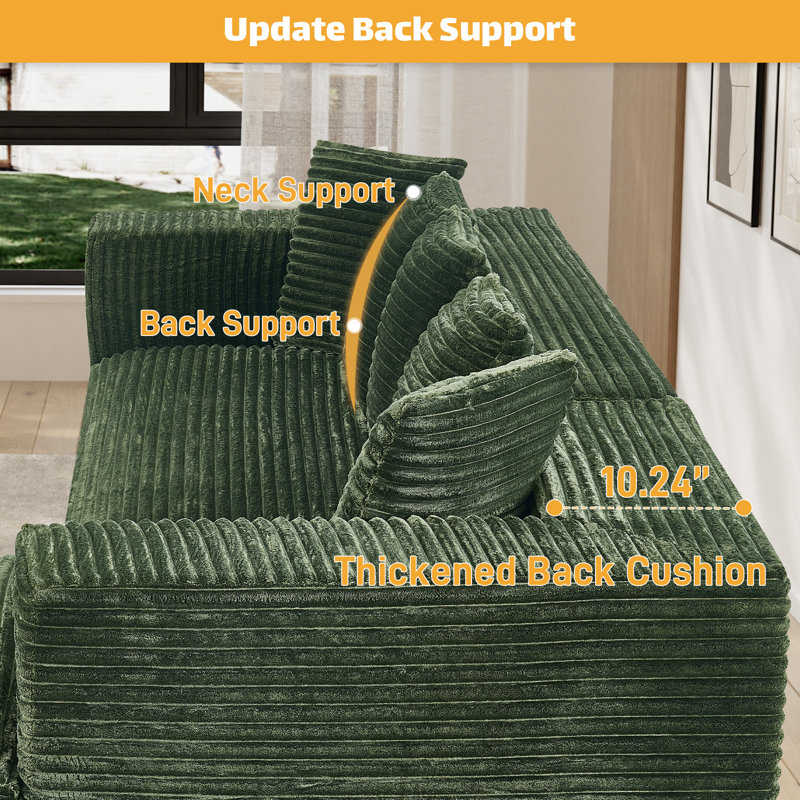 Canapé d'angle surdimensionné sans ossature et à compression de 104 pouces avec coussins, Velours côtelé vert, Forme en L