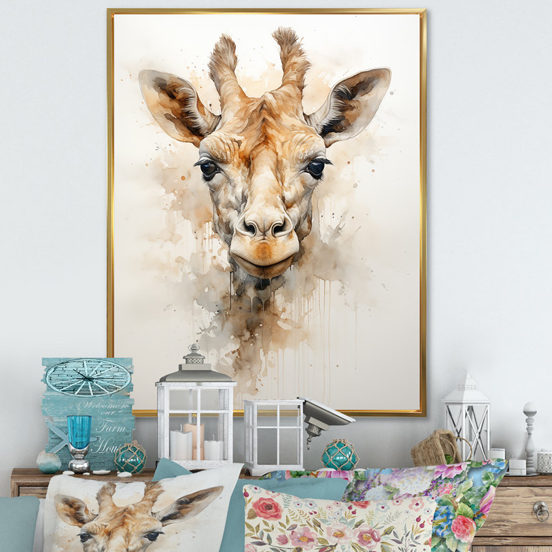 «Minimalisme», girafe beige sur toile, H 44 po x l 34 po x P 1,5 po, Cadre flottant doré