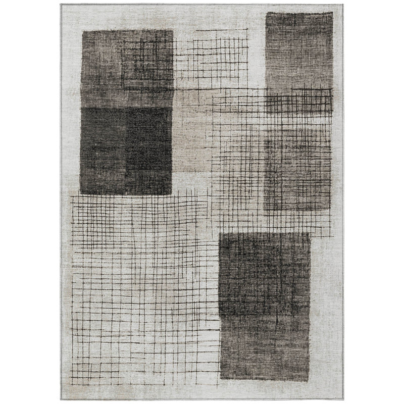 3' X 5' Ivory And Black Geometric Washable Indoor Outdoor Area Rug