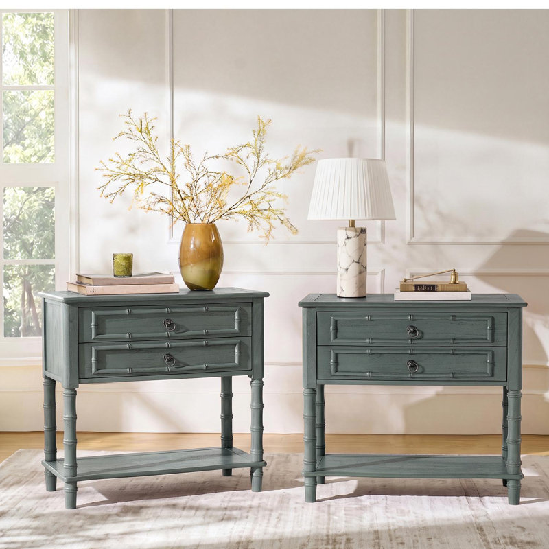Ensemble de 2 tables d'appoint Abigail de style transitionnel, en bois massif, avec station de recharge intégrée, Blue
