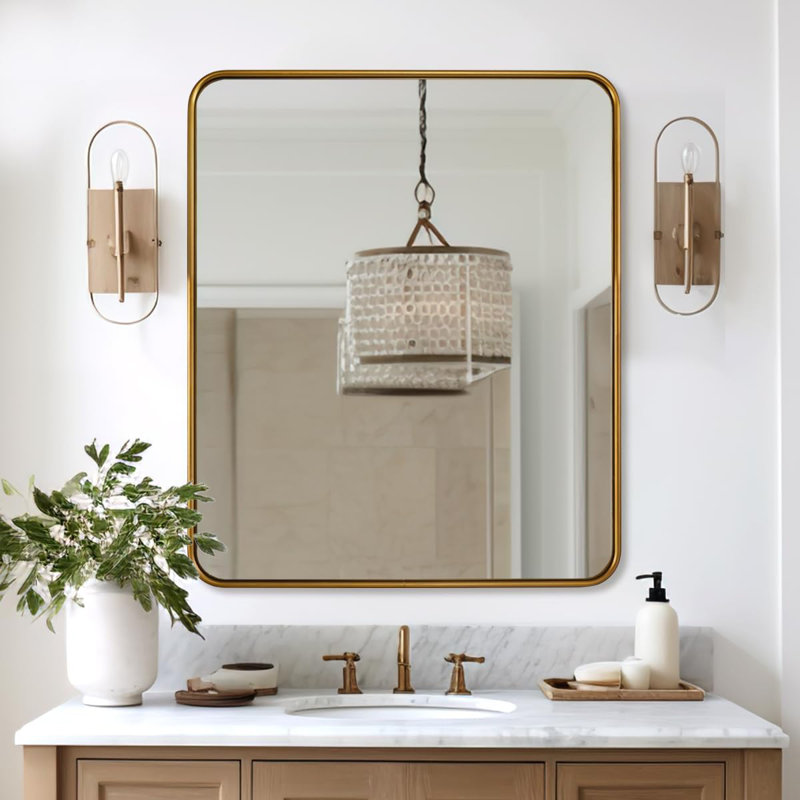 Miroir de salle de bain rectangulaire contemporain arrondi | Structure en U en aluminium, 36 po x 30 po, Or brossé