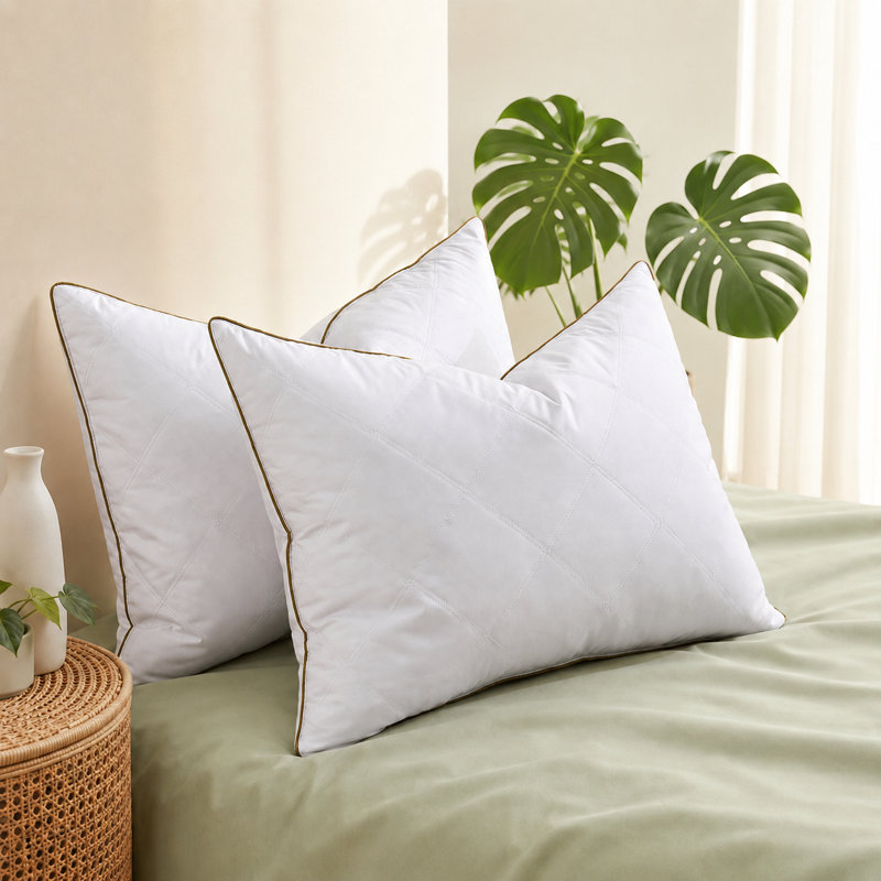  Luxury Goose Feather Bed Pillow with Brown Piping & Diamond Quilting - Hypoallergenic 100% Polyester Shell, Standard, White