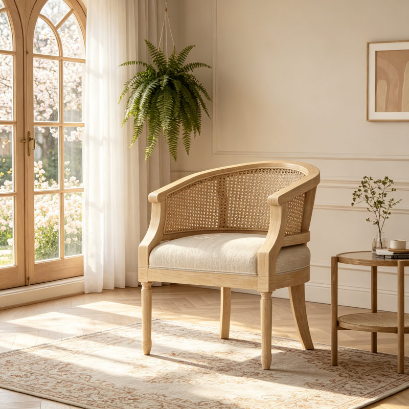 Fauteuil d'appoint d'inspiration française avec sangle de canne et structure en bois d'hévéa vieilli, parfait pour une décoration intérieure élégante