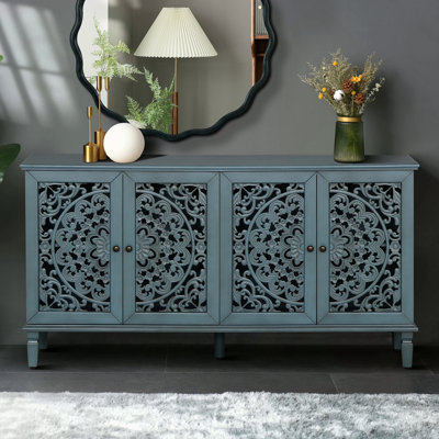 Buffet antique 60 "avec sculptures florales avec pieds en bois massif et poignées en laiton antique et tablettes réglables, meuble télé pour téléviseur 65" + télé, buffet pour le salon, la salle à manger
