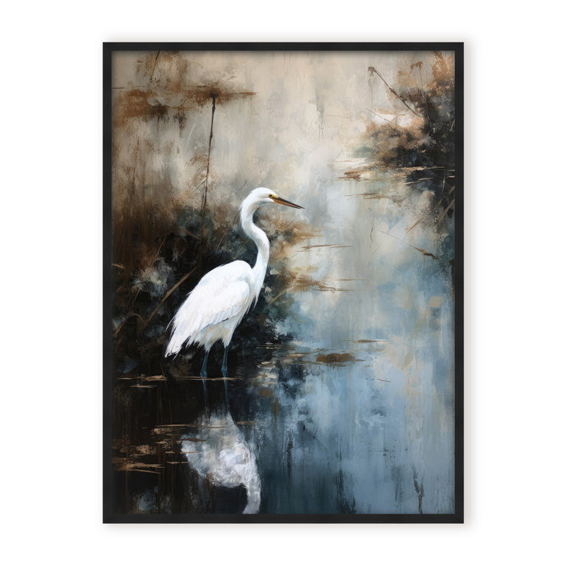 Nature Inspired Egret In Lake, Black, 30" H x 24" W x 1.125" D, Framed Print