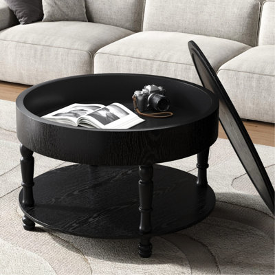 Table basse ronde moderne dans l'espace de vie, taille 31,5 po, deux couches de rangement, compartiment caché pour les jeux de société, base en forme de H, glissières réglables, noir avec rangement rabattable, tablette inférieure ouverte